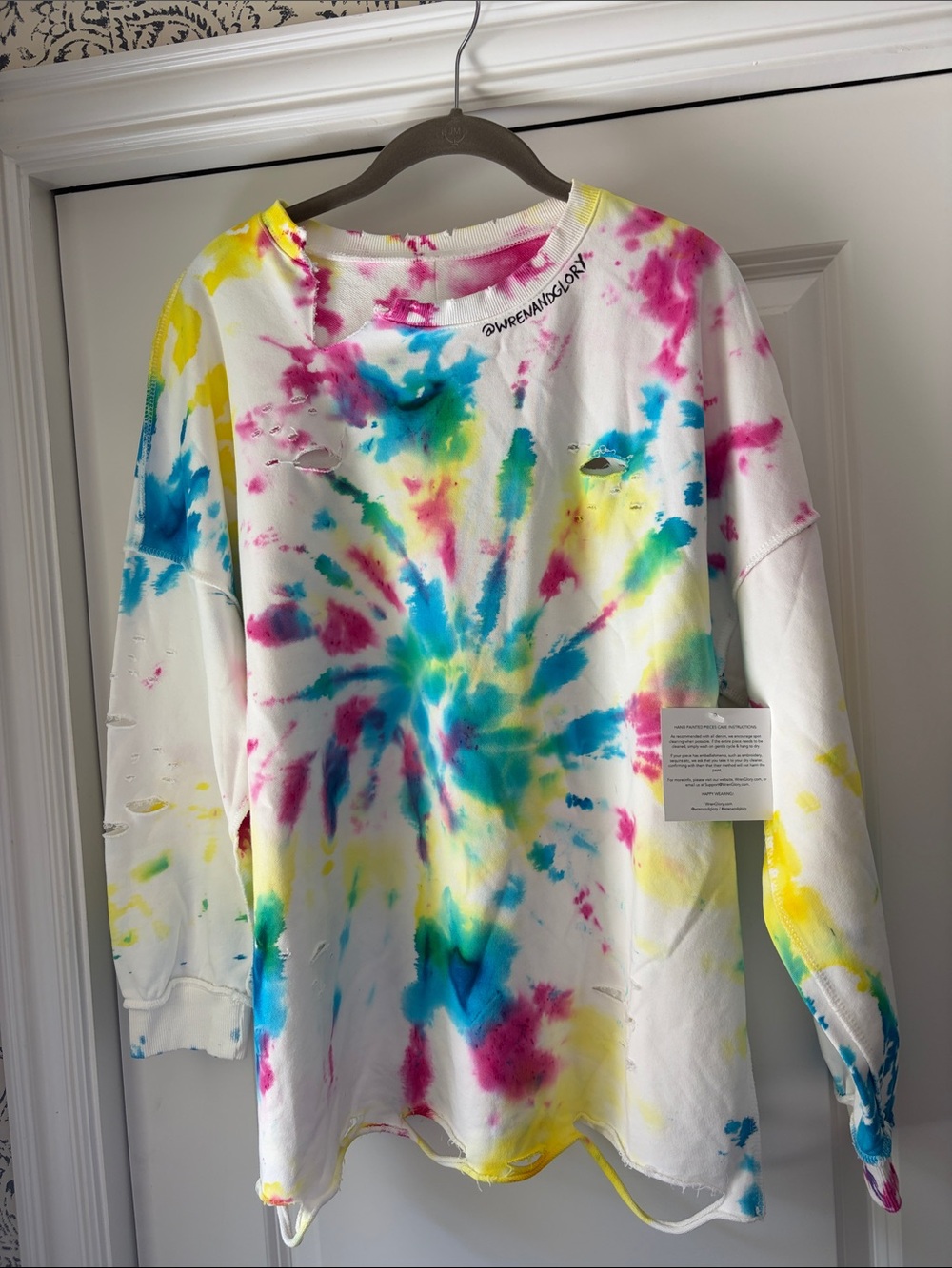 Tie-Dye Distressed Crewneck Sweatshirt - White with Blue, Pink & Yellow O/S